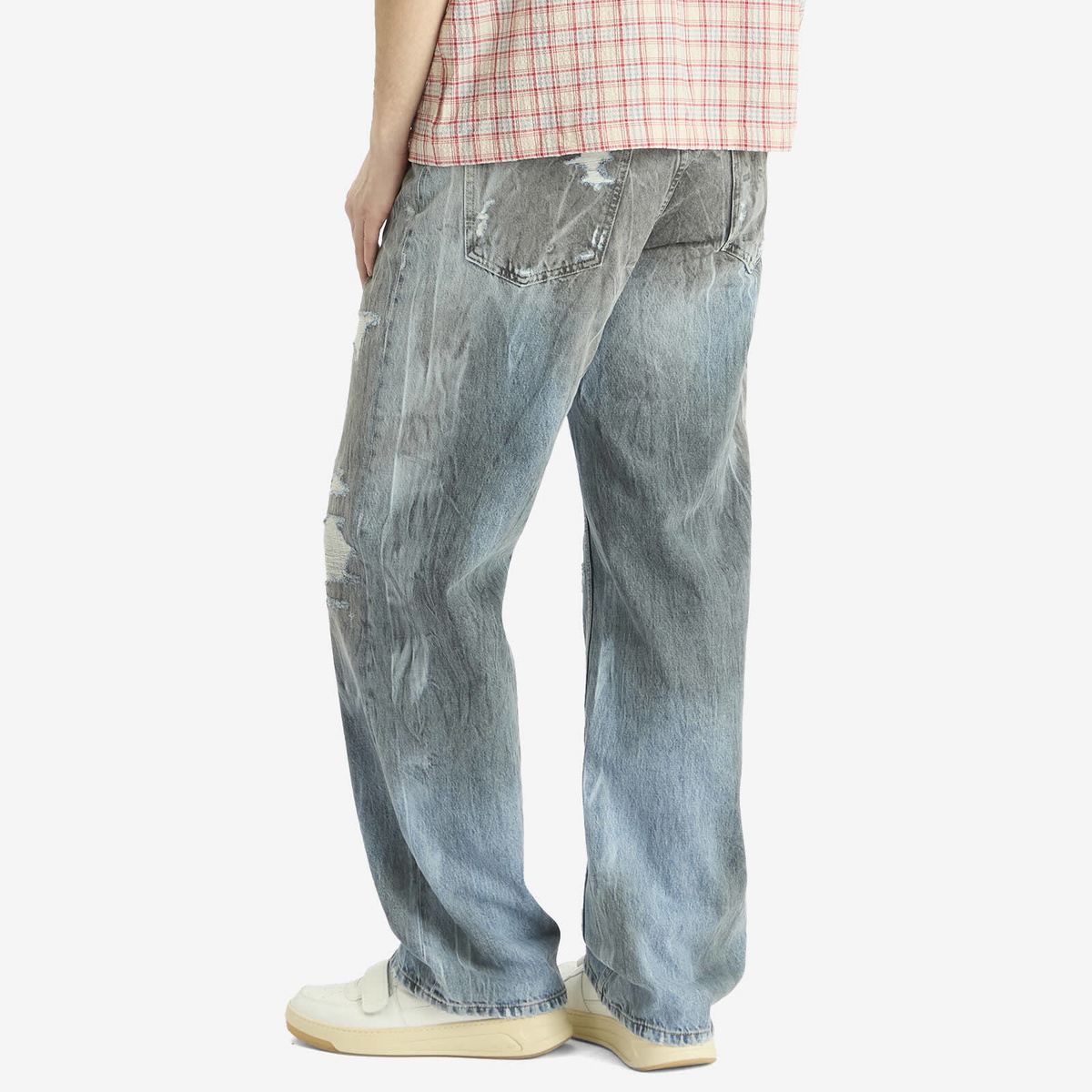 Nahmias Men's Thrashed Baggy Jeans in Light Wash Denim