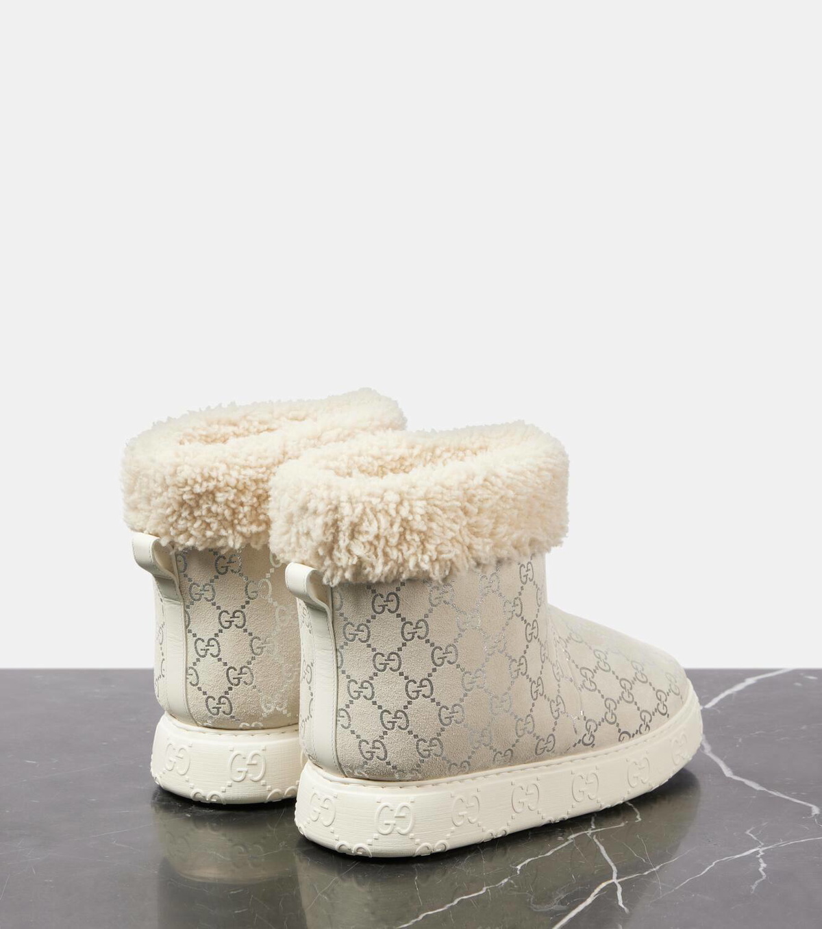 Gucci Printed shearling-trimmed suede ankle boots Gucci