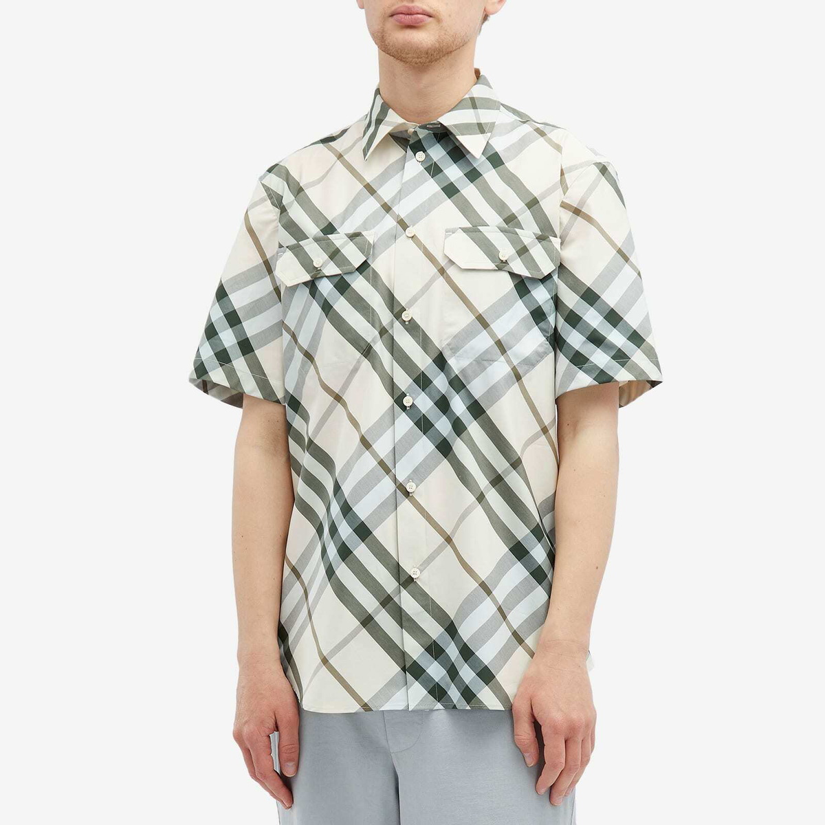 Burberry Men's Short Sleeve Check Shirt in Alabaster Check Burberry