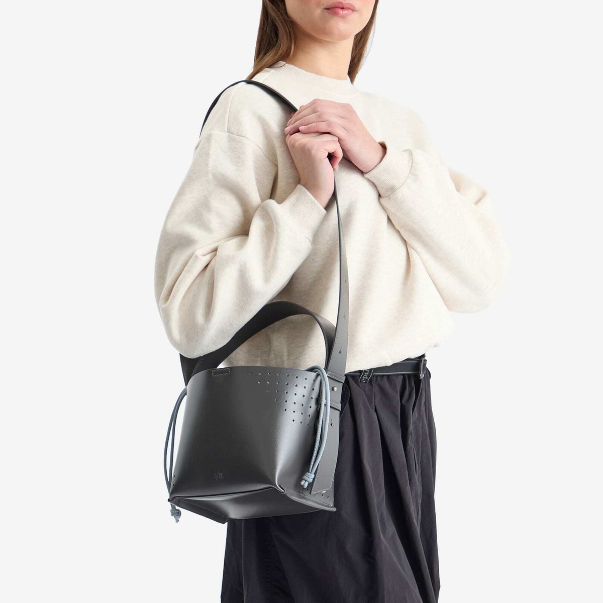 F/CE. Women's Tech Leather Bucket Shoulder Bag in Grey 