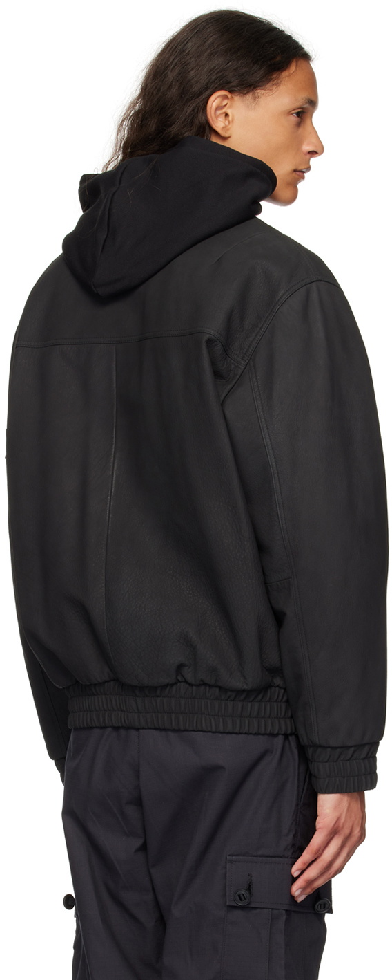 Hugo Black Pointed Collar Leather Bomber Jacket