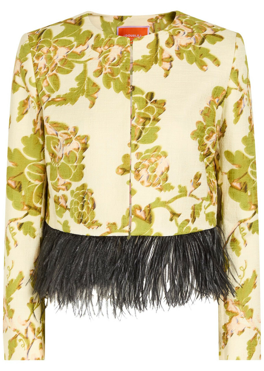 LA Double J Bijoux Feather-trim Woven Jacket Beige