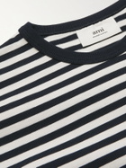 AMI PARIS - Logo-Embroidered Striped Organic Cotton-Jersey T-Shirt - Blue