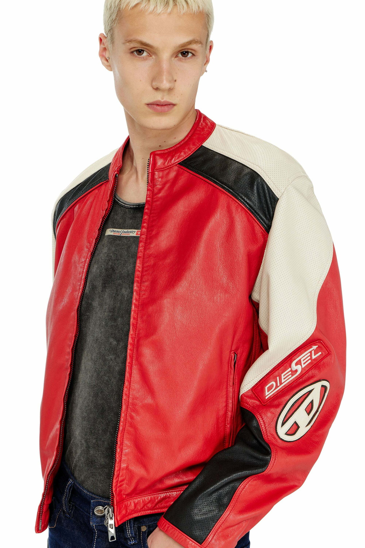 Diesel Biker jacket in colour-block perforated leather - Leather jackets Mens in Multicolor