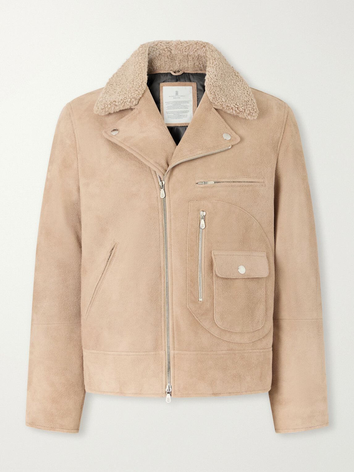 Brunello Cucinelli - Shearling-Trimmed Suede Leather Biker Jacket - Neutrals