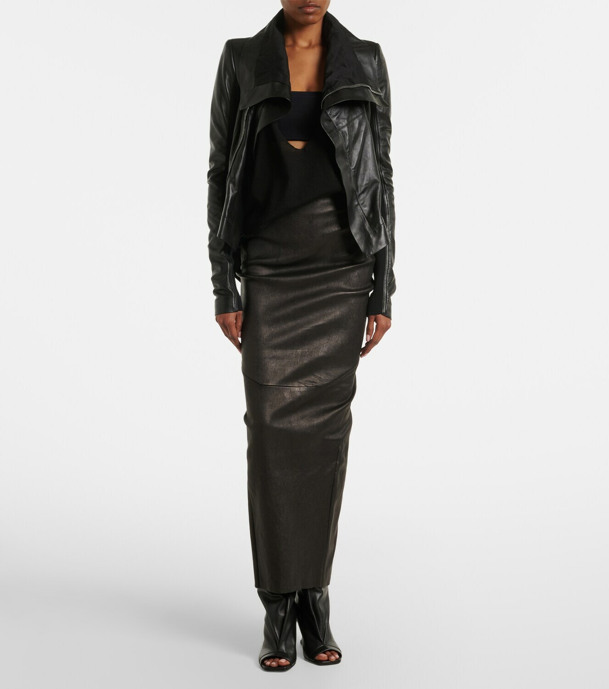Rick Owens Dirt Pillar leather and cotton midi skirt