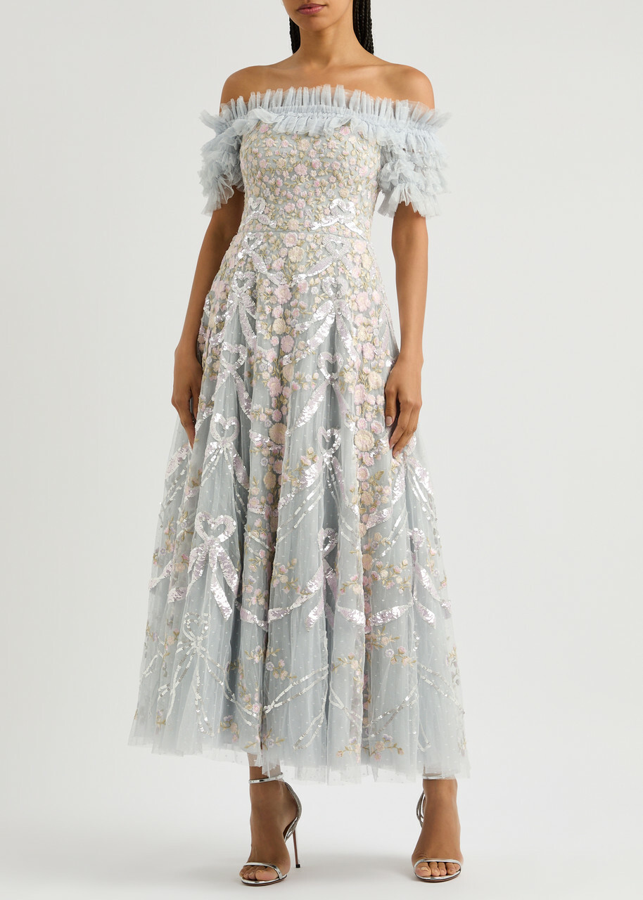green emerald velvet dress Needle & Thread // Beige & Multicolour Floral Embroidered Tulle Dress  VSP  Consignment
