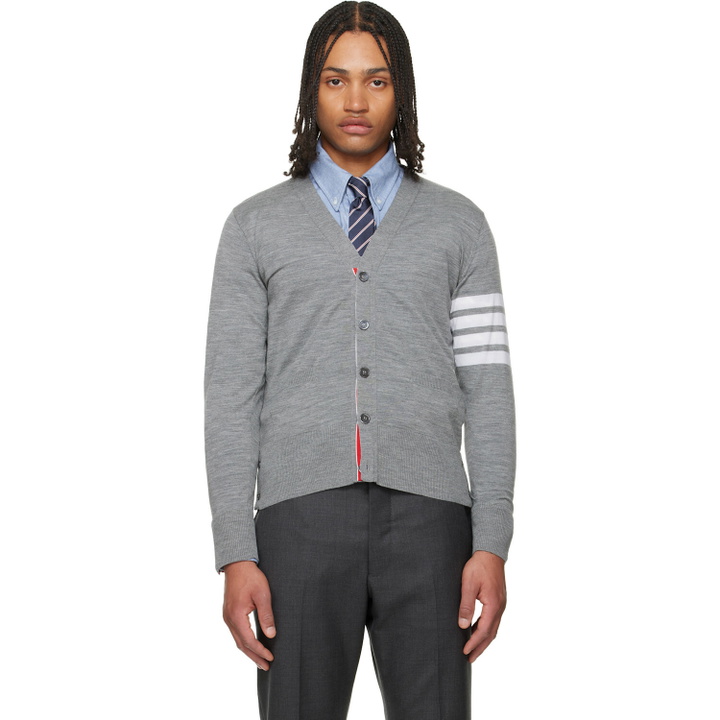 Photo: Thom Browne Gray Merino Wool 4-Bar Classic Cardigan