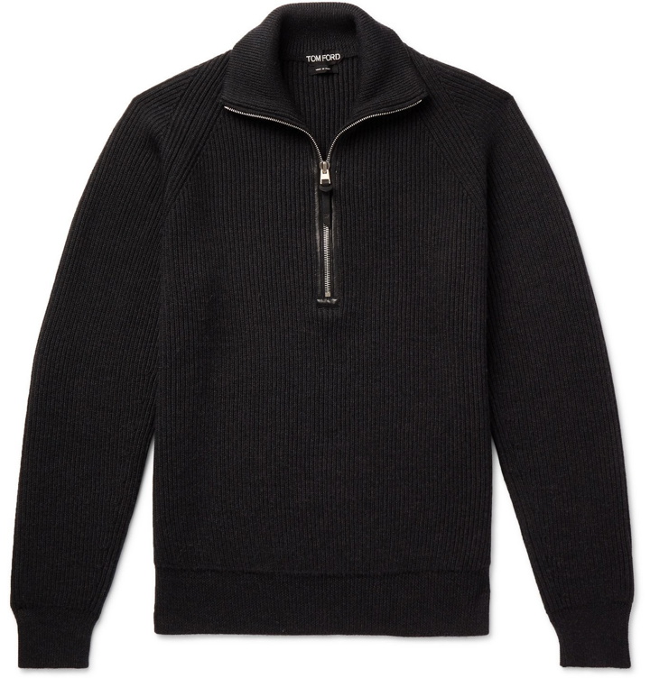 Photo: TOM FORD - Slim-Fit Leather-Trimmed Ribbed Merino Wool Half-Zip Sweater - Gray