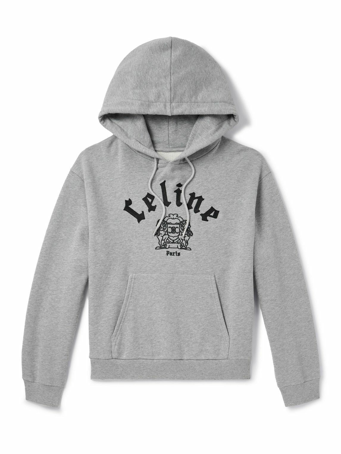 CELINE - Cropped Logo-Embroidered Cotton-Jersey Hoodie - Gray