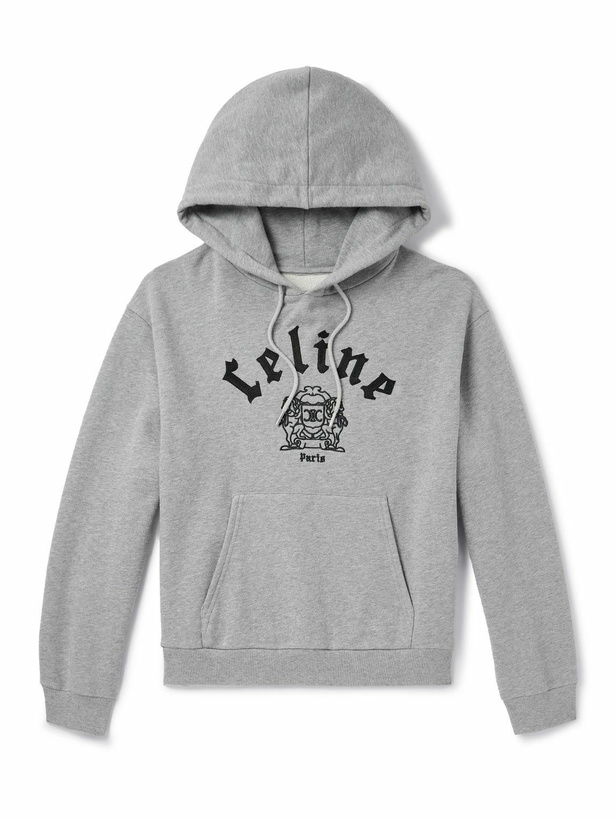 Photo: CELINE - Cropped Logo-Embroidered Cotton-Jersey Hoodie - Gray
