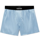 TOM FORD - Velvet-Trimmed Stretch-Silk Satin Boxer Shorts - Blue