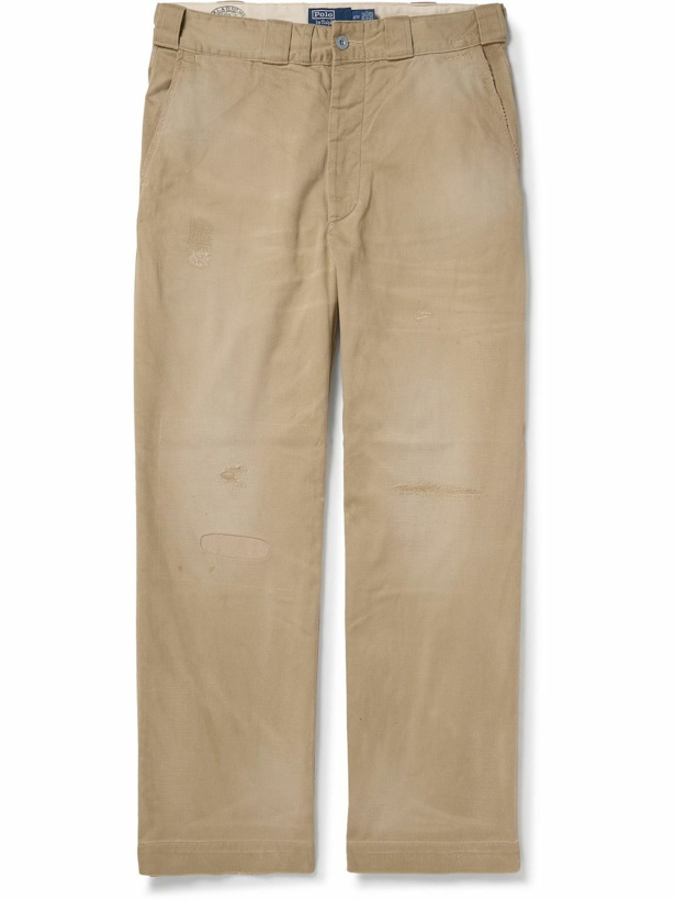 Photo: Polo Ralph Lauren - Straight-Leg Embroidered Distressed Cotton-Twill Trousers - Brown