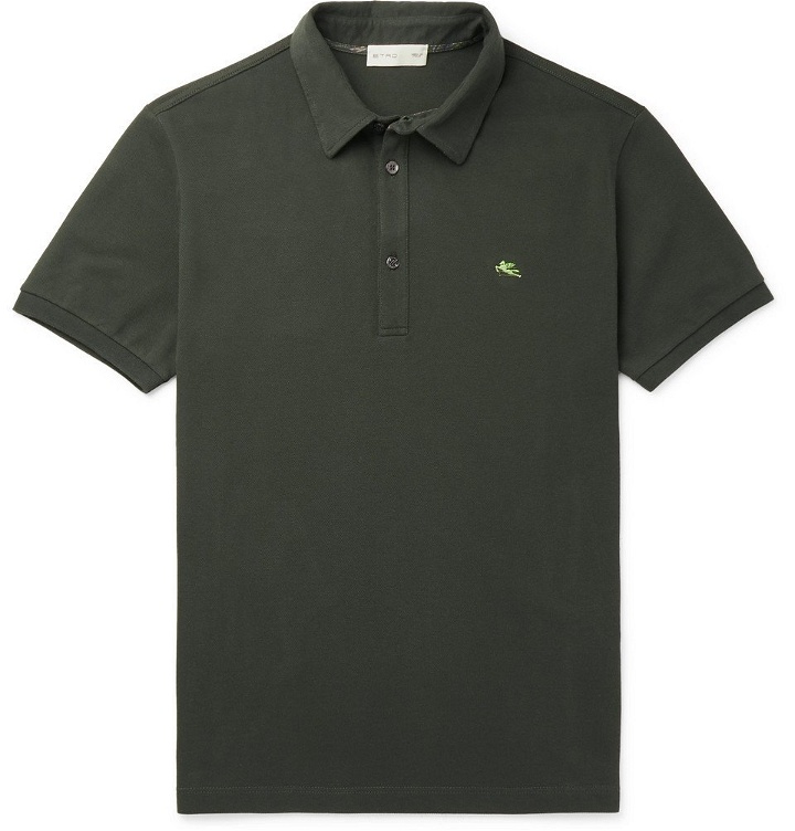 Photo: Etro - Logo-Embroidered Cotton-Piqué Polo Shirt - Green