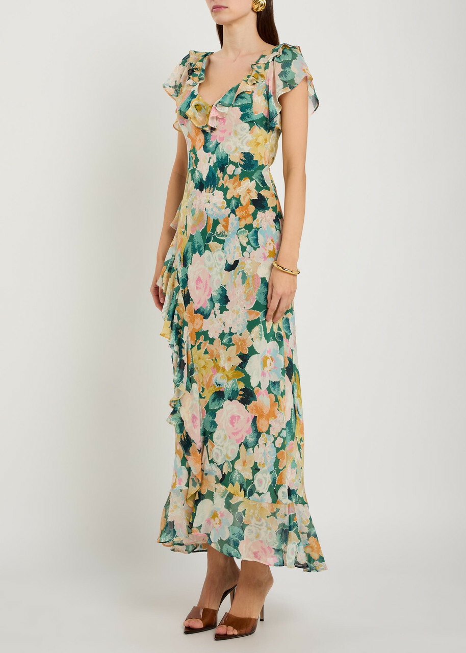 Rixo Meadow Floral-print Silk Midi Dress Green