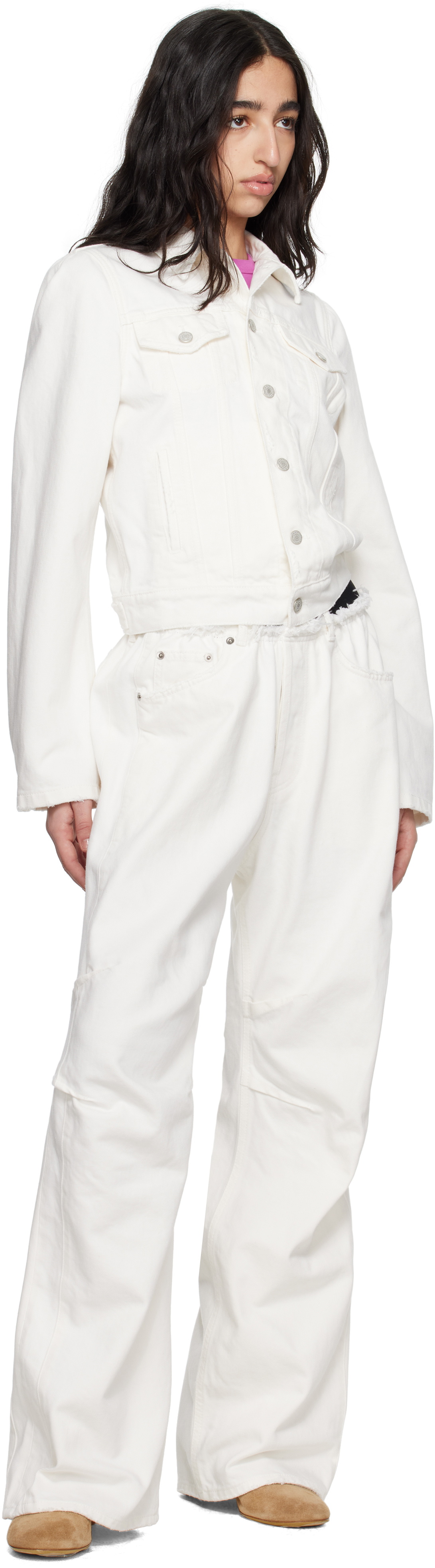 ALAINPAUL White Molded Shoulder Denim Jacket
