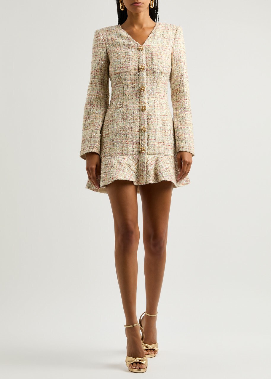 Self-portrait Embellished Bouclé Tweed Mini Dress Pastel