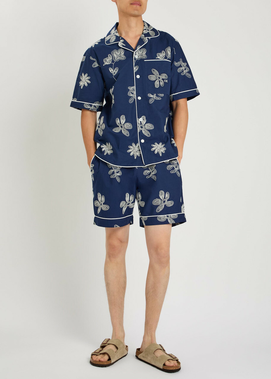 Che Flores Floral-embroidered Cotton Shorts Navy