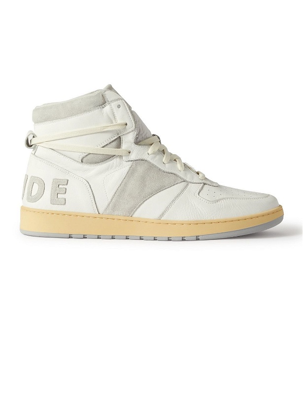 Photo: Rhude - Rhecess Distressed Leather and Suede High-Top Sneakers - White