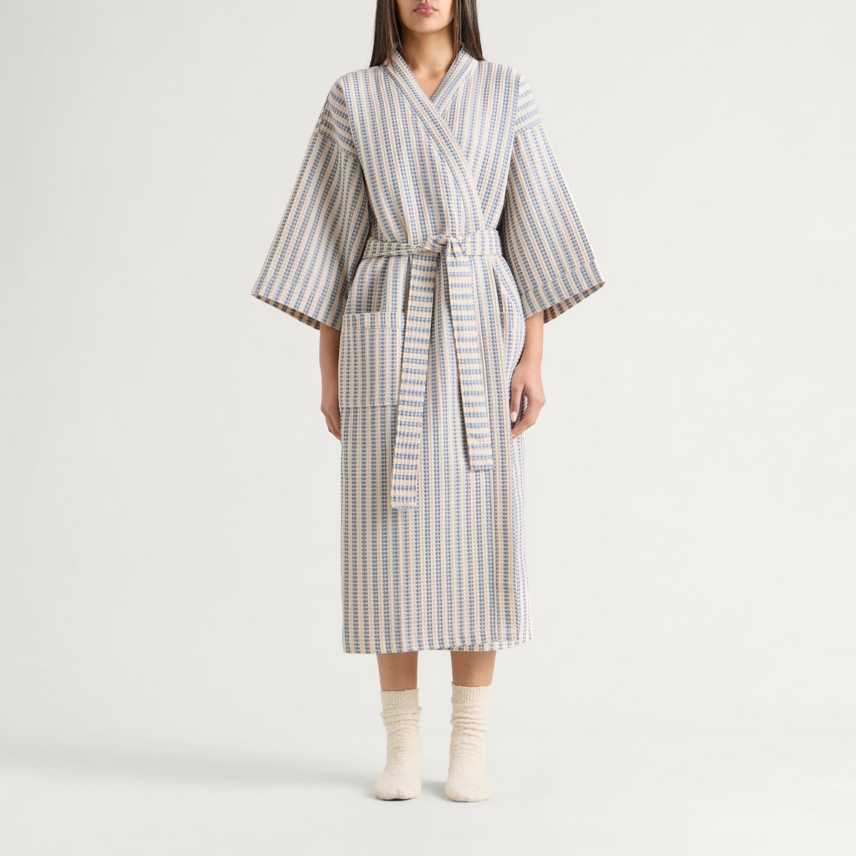 HAY Waffle Bathrobe in Stripe Dusty Blue
