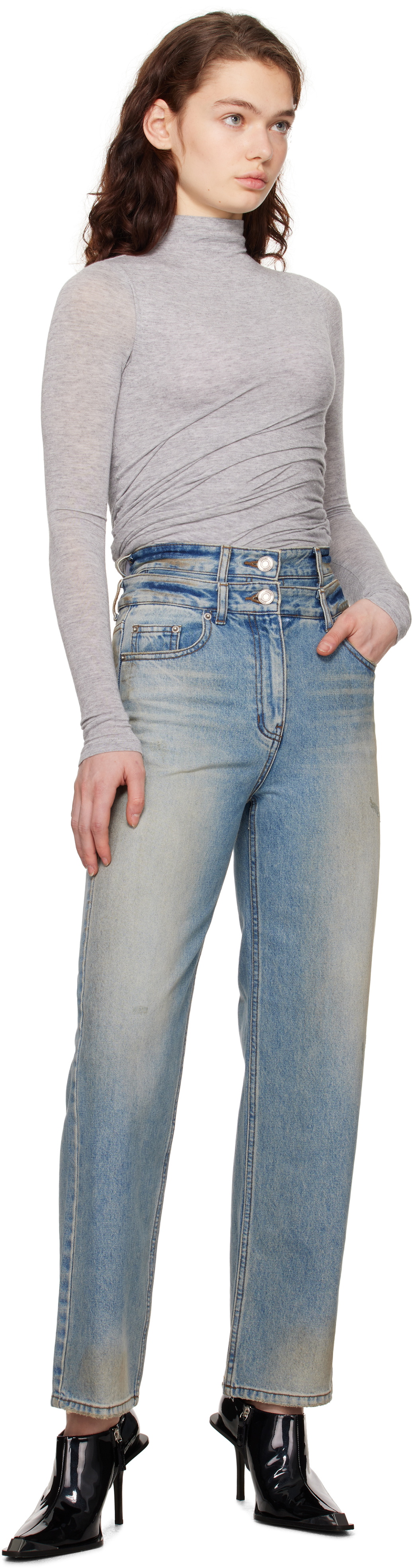 Juun.J Blue Double Waist Dirty Jeans