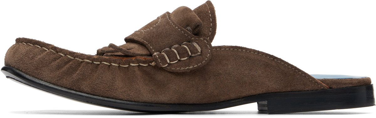 Marni Brown Suede Sabot Fringed Trim Slip-on Loafers