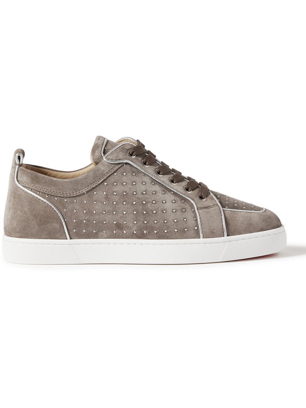 Photo: Christian Louboutin - Rantulow Plume Studded Leather-Trimmed Suede Sneakers - Gray