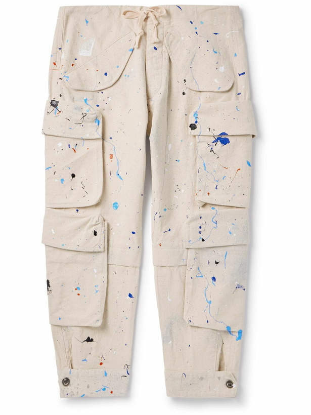 Photo: Greg Lauren - Tapered Cropped Paint-Splattered Cotton-Canvas Drawstring Cargo Trousers - Neutrals