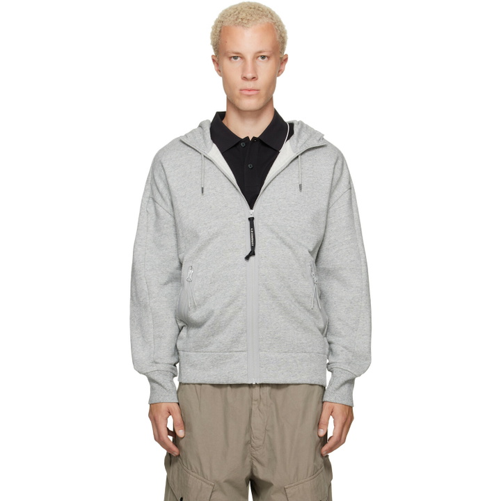 Photo: C.P. Company Gray Diagonal Raised Fleece Goggle Hoodie