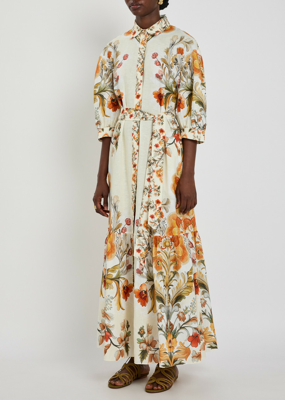 Borgo DE Nor Bianca Floral-print Belted Linen-blend Maxi Shirt Dress Cream