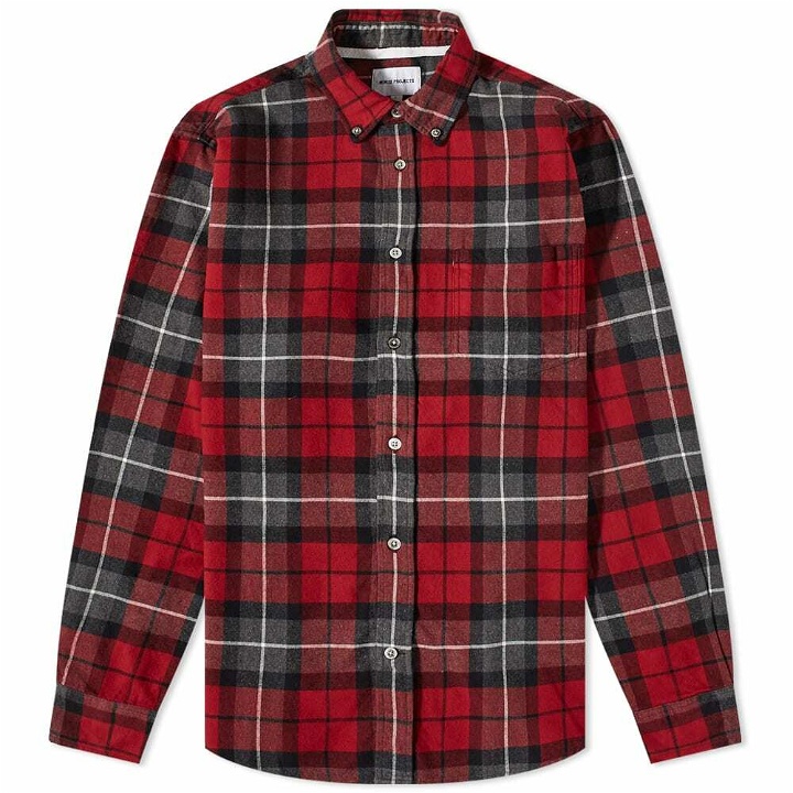 Photo: Norse Projects Men's Anton Brushed Flannel Check Button Down Shirt in Burgundy