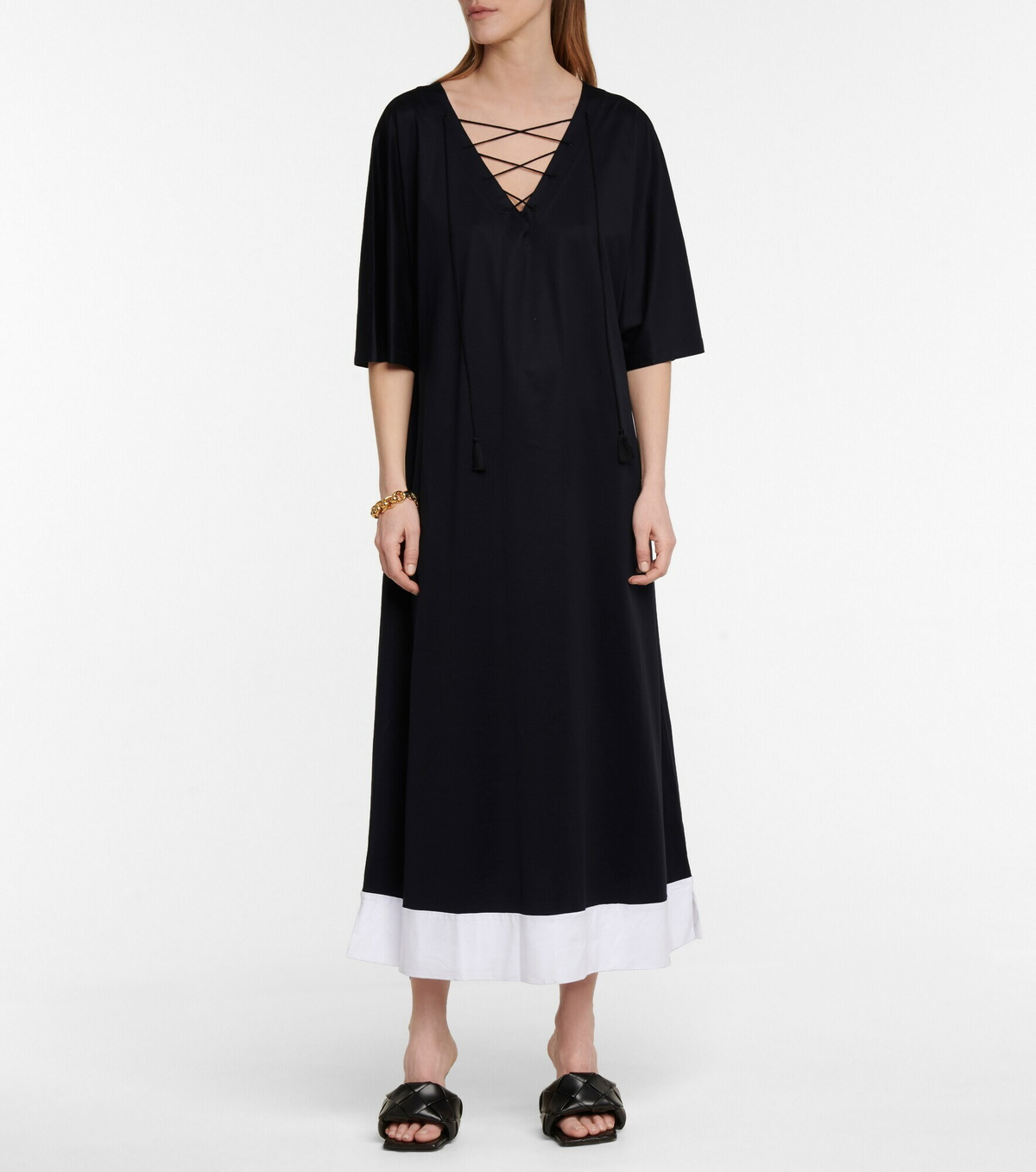 knee length dresses for ladies Light Blue Lyocell Sleeveless Ruffle-Detail Midi Dress M / Sonata Blue / Shell: 85% Lyocell 15% Nylon Lining: 95.4% Recycled Polyester 4.6% Spandex