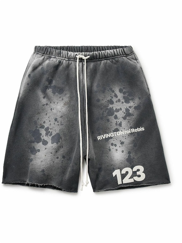Photo: RRR123 - Gym Bag Straight-Leg Logo-Print Paint-Splattered Cotton-Jersey Drawstring Shorts - Black