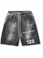 RRR123 - Gym Bag Straight-Leg Logo-Print Paint-Splattered Cotton-Jersey Drawstring Shorts - Black