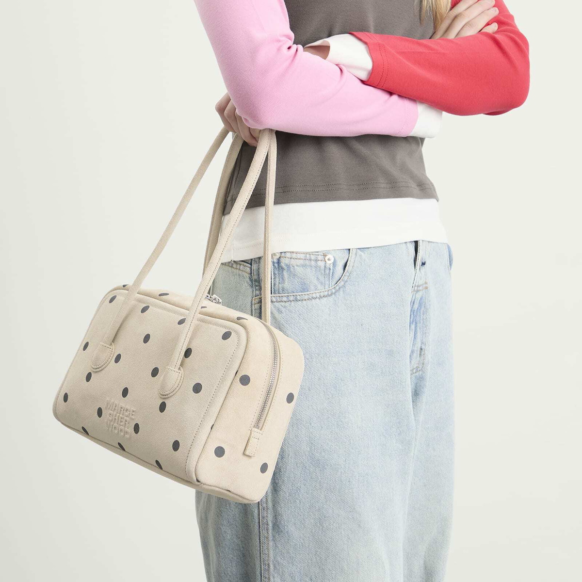 MARGESHERWOOD Women's Small Soft Boston Bag in Blond Wood/Polka Dot 