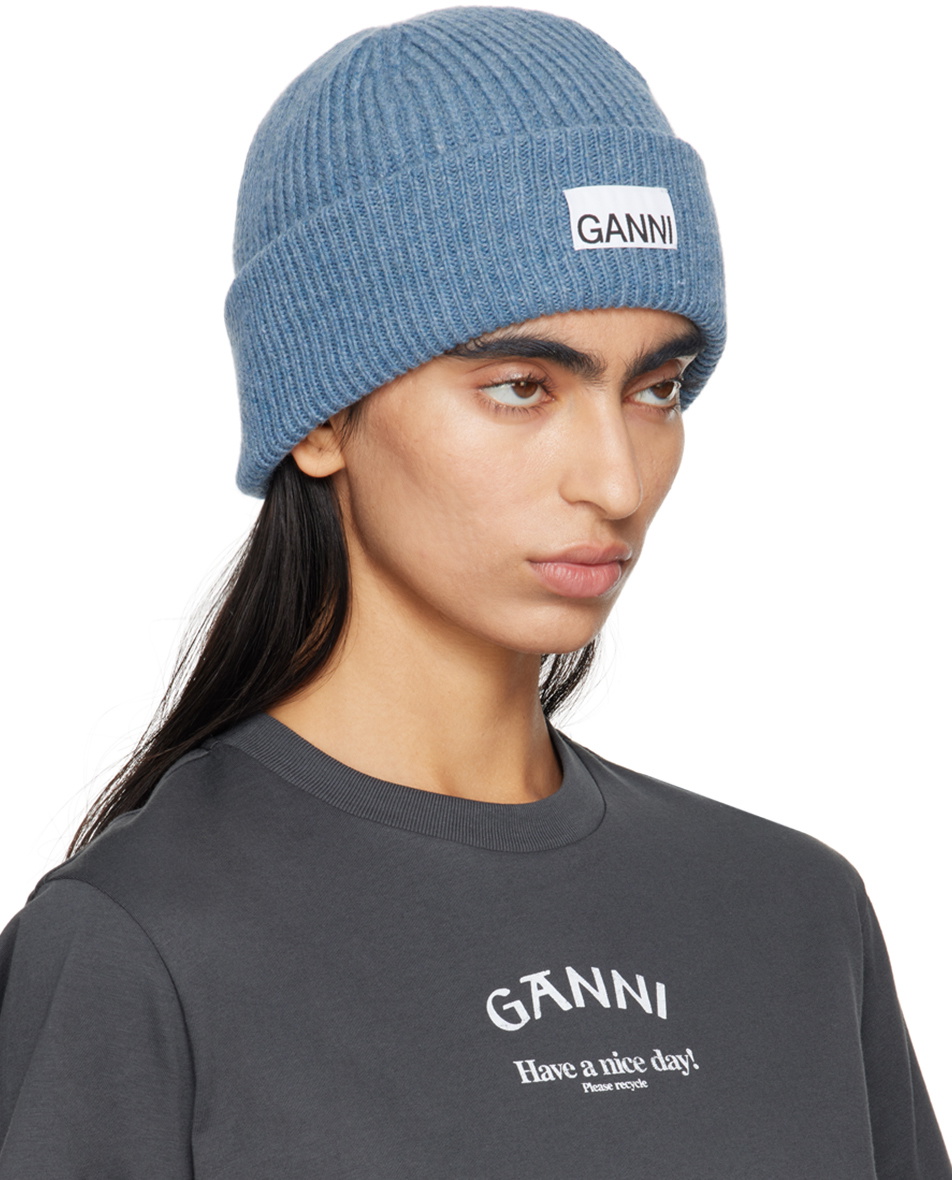 GANNI Blue Fitted Wool Rib Knit Beanie GANNI display picture 3