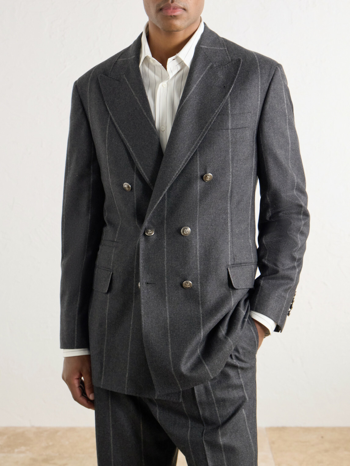 Brunello Cucinelli - Double-Breasted Pinstriped Wool, Cashmere and Silk-Blend Flannel Suit Jacket - Gray