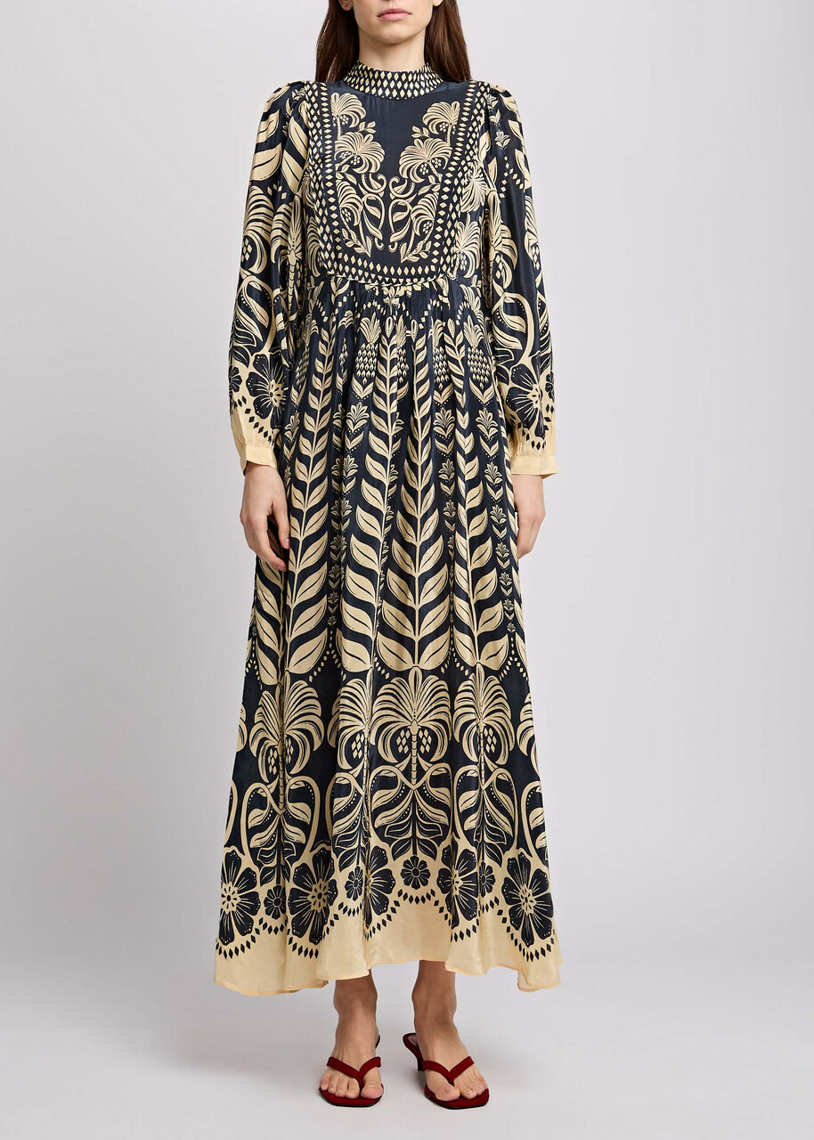 Farm Rio Ainika Printed Satin Maxi Dress Dark Blue