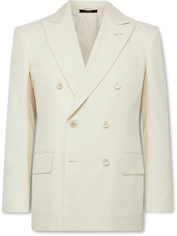 Photo: TOM FORD - Cooper Slim-Fit Double-Breasted Silk, Wool and Mohair-Blend Blazer - Neutrals
