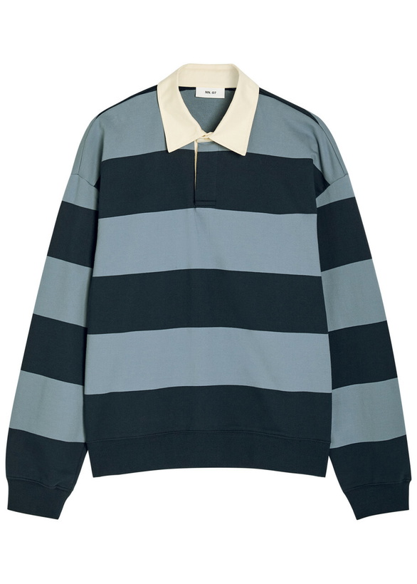 Photo: NN07 David Striped Cotton Polo Sweatshirt Navy