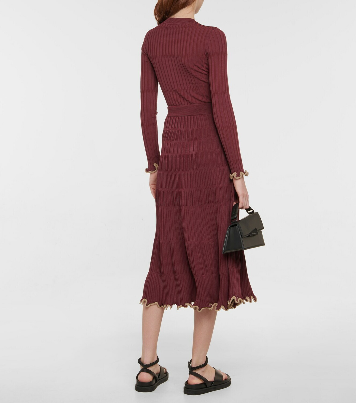 Jonathan Simkhai Wool Burnt Orange Mock Neck Ribbed Fringe Detail Slit Midi Skirt