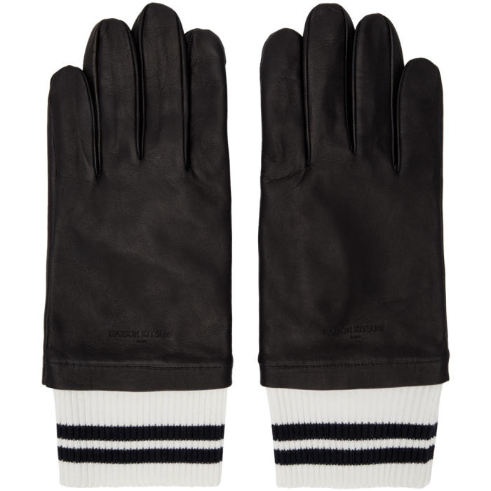 Photo: Maison KitsunÃ© Black Leather Ribbed Gloves 