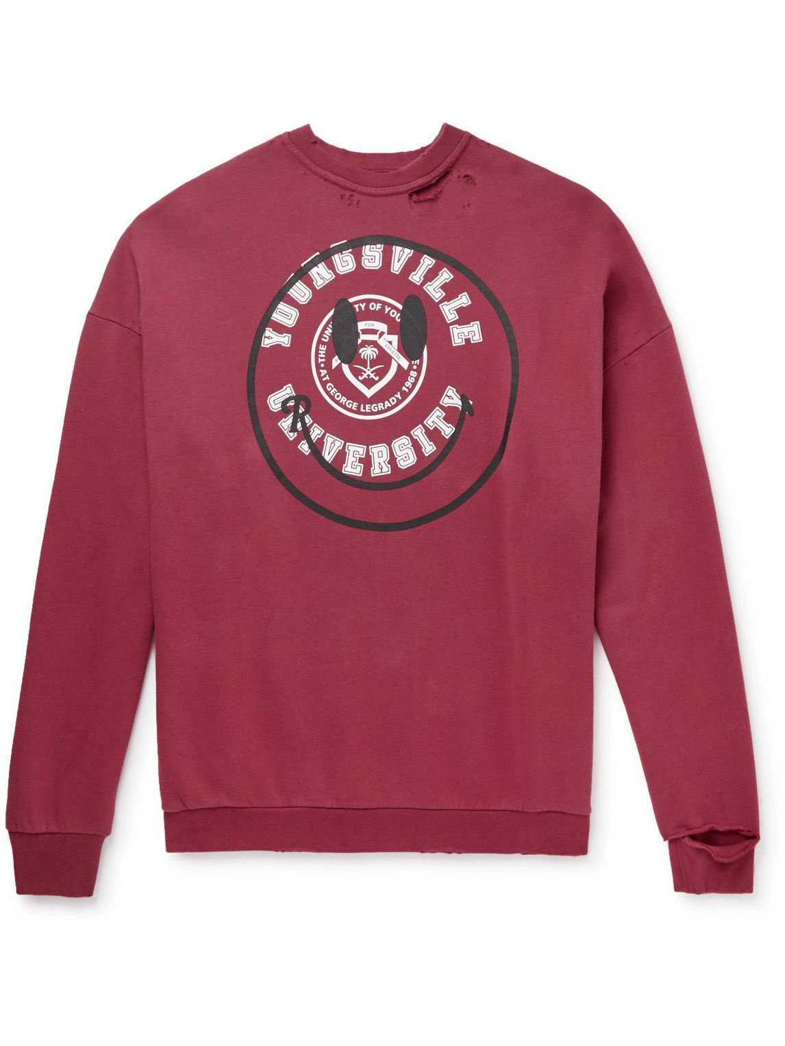 Raf Simons - Smiley Oversized Logo-Print Distressed Cotton-Jersey Sweatshirt  - Burgundy Raf Simons