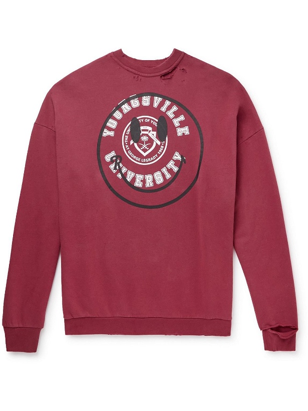 Photo: Raf Simons - Smiley Oversized Logo-Print Distressed Cotton-Jersey Sweatshirt - Burgundy