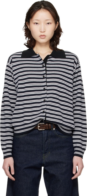 Photo: Cordera Black & White Merino Wool Striped Polo Cardigan