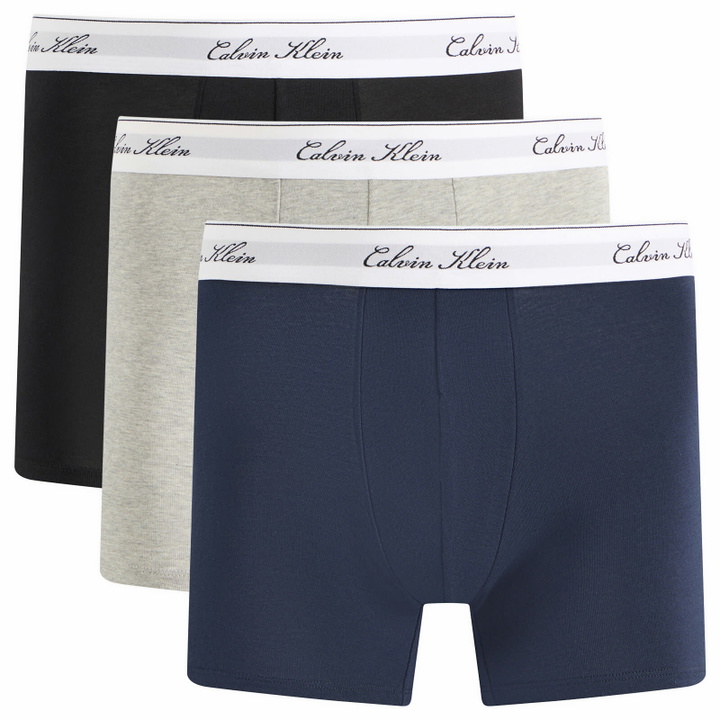Photo: Calvin Klein Men's Icon Script Boxer Brief - 3 Pack in Black/Grey Heather/Dark Sapphire