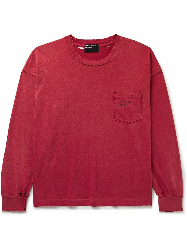 Photo: Enfants Riches Déprimés - Thrashed Distressed Logo-Print Cotton-Jersey T-Shirt - Red