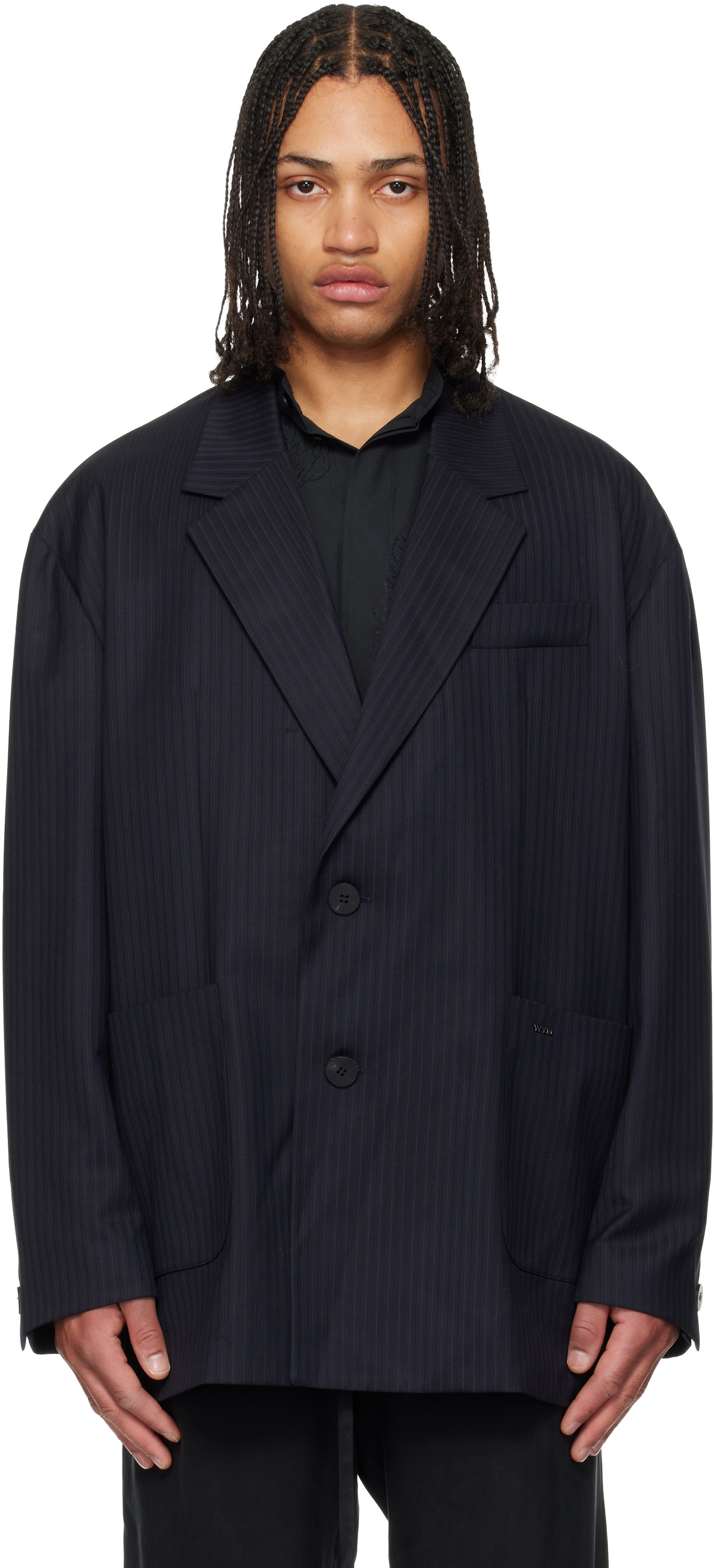 WOOYOUNGMI Navy Wool Stripe Wide Blazer