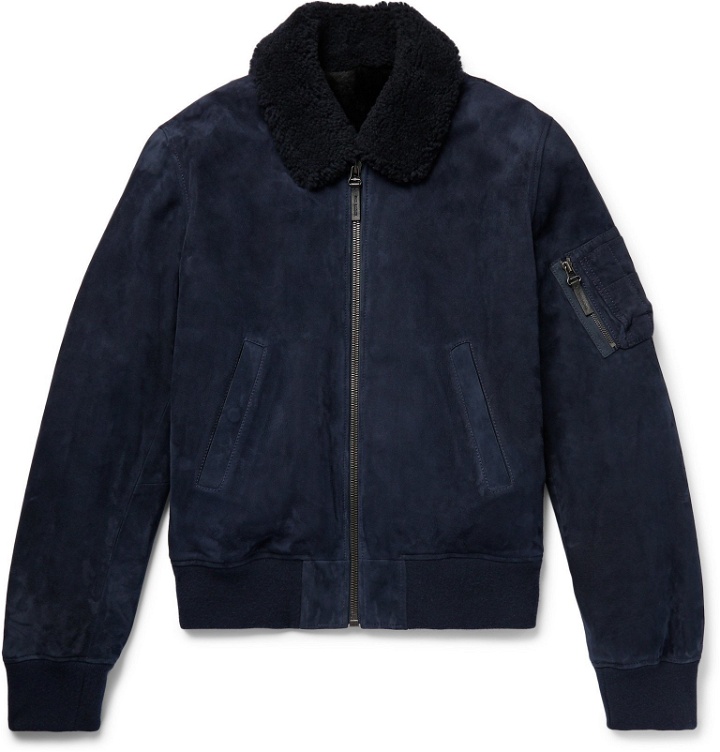 Photo: Yves Salomon - Shearling-Lined Suede Down Bomber Jacket - Blue