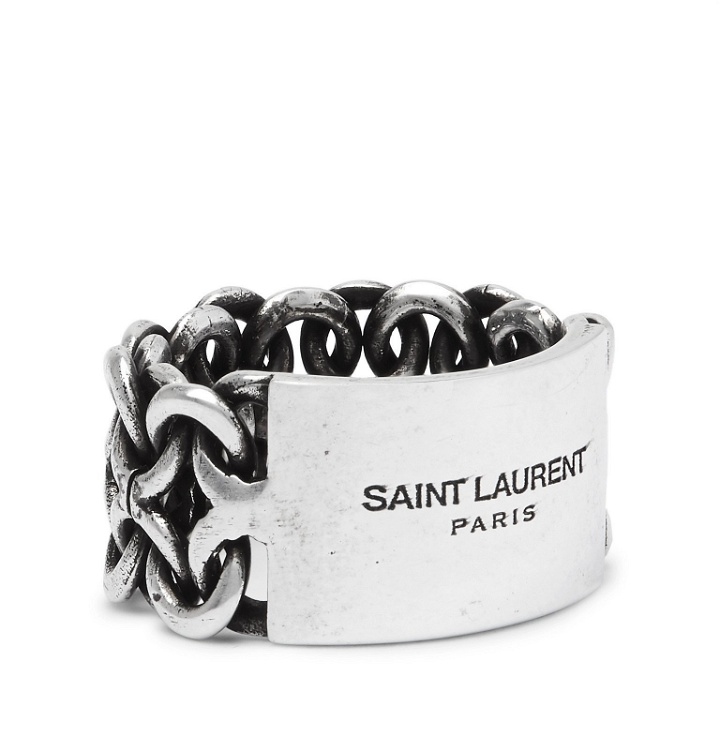 Photo: SAINT LAURENT - Logo-Engraved Oxidised Silver-Tone Ring - Silver